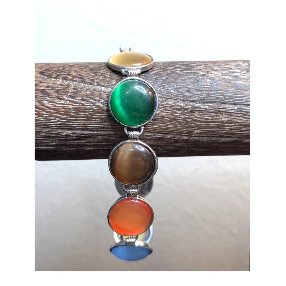Colorful Bezel Set Cabochon Bead Silver Tone Toggle Bracelet